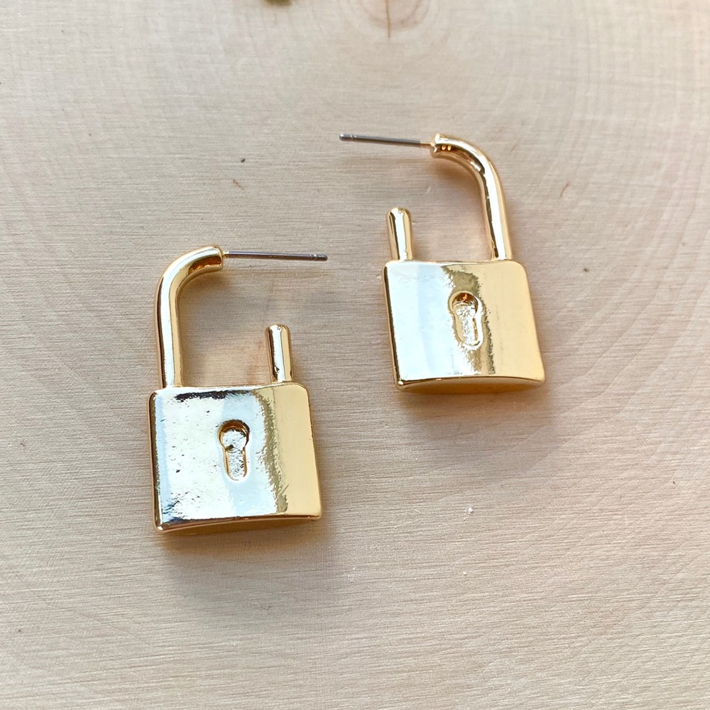 NEW Free People 14k Gold Padlock Drop Statement Earrings
